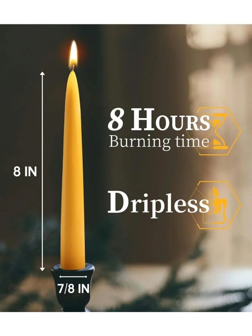 24 Pack Unscented Yellow Beeswax Taper Candles - 8 Inch Elegant Home Decor